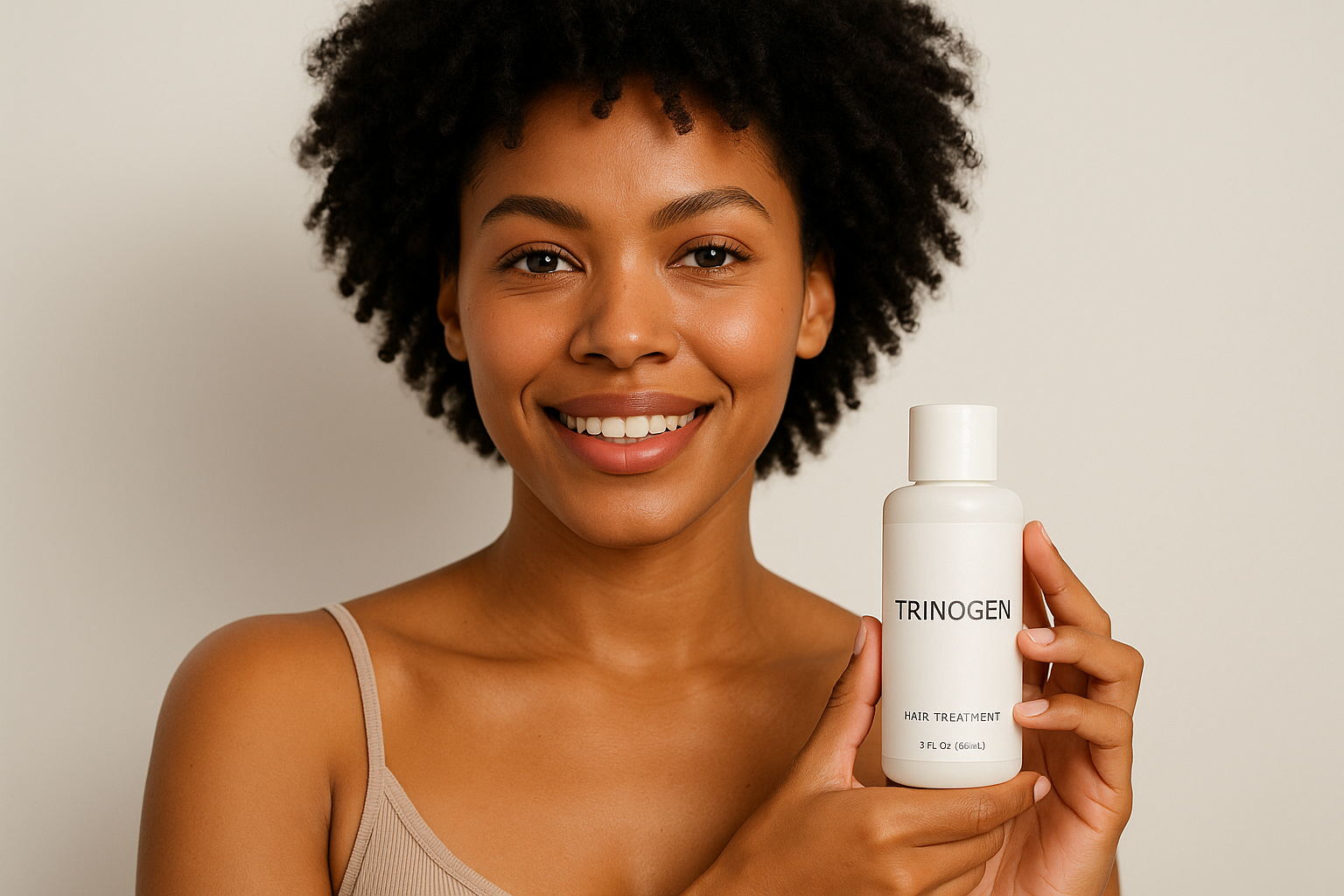 woman with naural hair holding my product Trinogen
